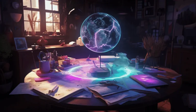 A futuristic desk surrounded by holographic AI-generated story ideas, glowing books, and creative tools set in a vibrant, empowering atmosphere.